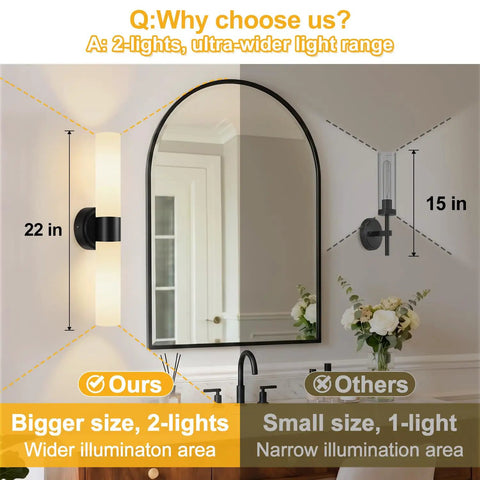 Rechargeable Wall Sconces Set of Two, Modern Matte Battery Operated Wall Light Fixtures with Remote Control, Dimmable Wireless Wall Sconces with Milky Glass for Bathroom Mirror Bedroom Living Room beside a mirror with illumination
