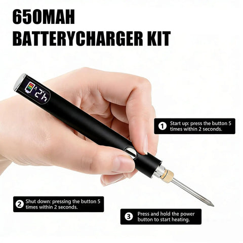 Hand holding Cordless USB C Soldering Pen Cart for Electronics Repair, LED Screen, 450 Degree Temperature Control in black