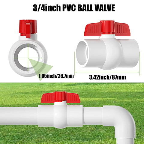 3/4 inch PVC ball valve with easy turn red T handle installed on outdoor pipe