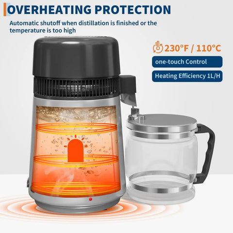 Countertop Water Distiller For Home Use 1 Gallon Stainless Steel With Glass Carafe 750W Desktop Purifier close-up showing heating feature