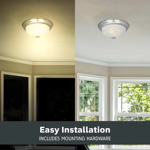 Reedley Two-Light Flush Mount Ceiling Light 13-Inch Fixture with White Alabaster Glass and Satin Platinum Finish in room
