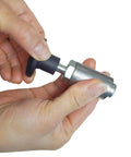Close-up of hands holding a Heavy Duty Steel Pull Pin With Welded Barrel Handle And Black Spring Plunger for easy operation.