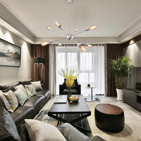 Living room with Sputnik Chandelier Light Fixture Chrome Finish Eight Light Ceiling Lamp For Living Room And Dining Room Modern Retro Style With Bright Ambient Illumination And A Totally Lit Satellite Design.