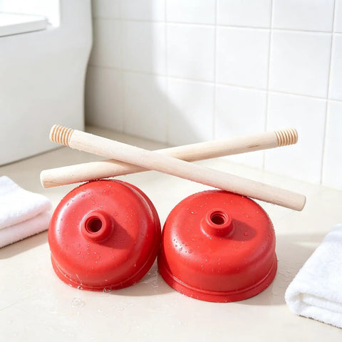 Rock Solid Heavy Duty Rubber Cup Toilet Plunger With Reinforced Wooden Handle and two red rubber cups on a clean surface.