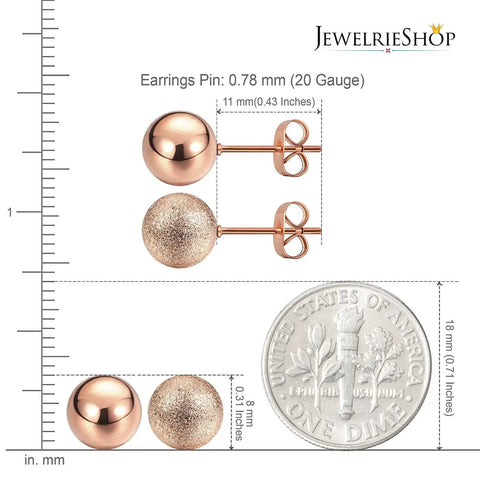 Unisex Ball Stud Earrings Set, 8 Pairs In Matte And Shiny Finishes, Silver, Gold, Rose Gold, Black, 8mm Diameter, Everyday Wear, Assorted Colors For Any Look, rose gold 8mm stud earrings with 11mm post