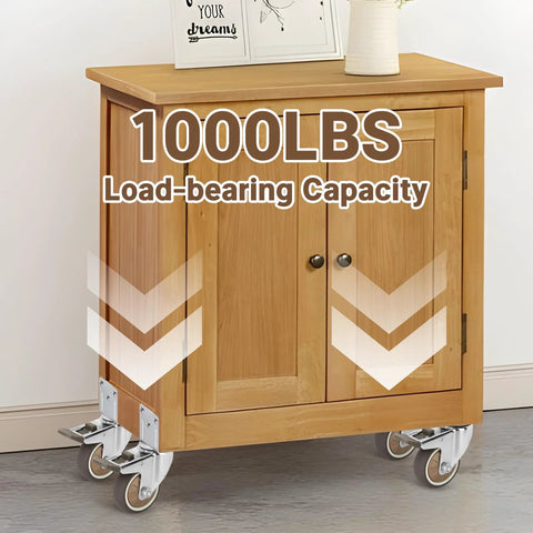 Wooden cabinet on set of four 3-inch L-shaped side-mount caster wheels