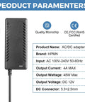 12V 4A 48W AC DC Power Supply Adapter shown with input and output specs, 5.5x2.5mm jack, safe plug in converter for LED strips.