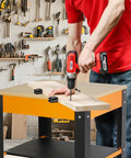 Person using a drill on a Heavy Duty Planer Stand With Wheels Rock Steady Workhorse For Planers And Drill Press Bench Top Machines.