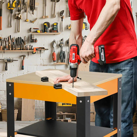 Person using a drill on a Heavy Duty Planer Stand With Wheels Rock Steady Workhorse For Planers And Drill Press Bench Top Machines.