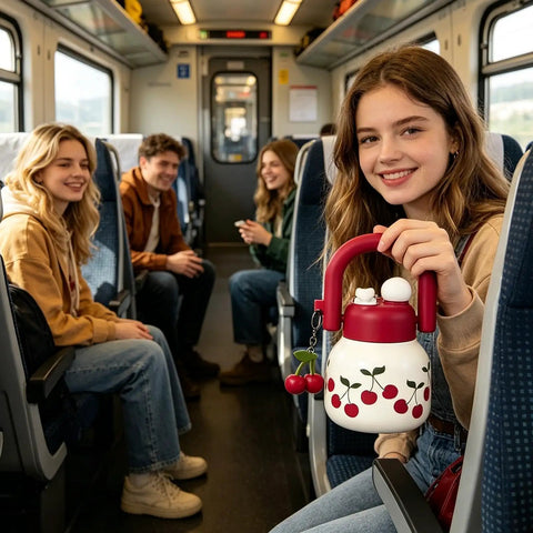 Person holding cherry-themed jug with red handle on train.