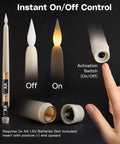 Diagram showing the battery compartment and on/off button of 12 Pack Ivory Flameless LED Taper Candles, 11 Inch Tall, Battery Operated.