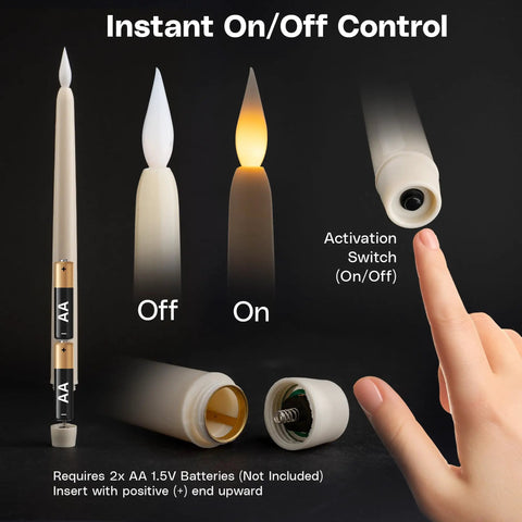 Diagram showing the battery compartment and on/off button of 12 Pack Ivory Flameless LED Taper Candles, 11 Inch Tall, Battery Operated.
