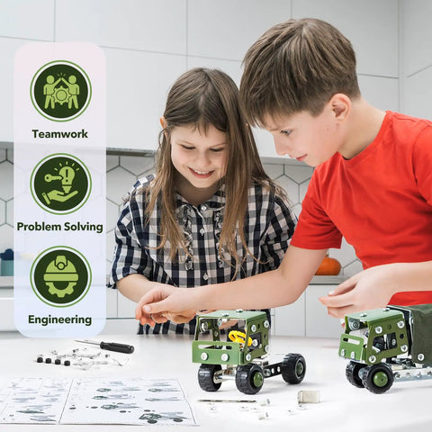 Children building Hands On Military Truck STEM Building Toy Set For Boys Ages Eight To Twelve Metal Army Vehicle Model Kit