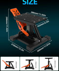 Heavy Duty Dirt Bike Stand With Tool Trays, 660 Lb Capacity, showing dimensions and adjustable heights for motocross pit bikes