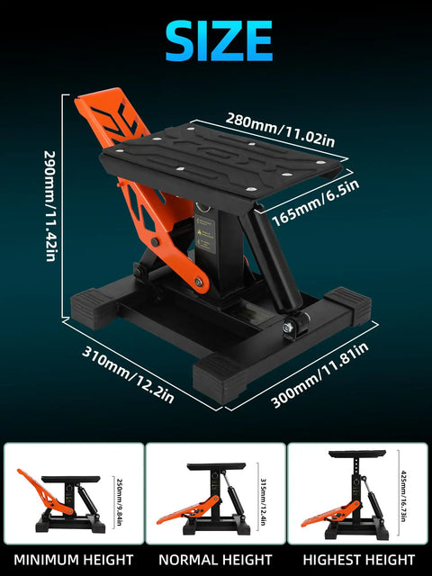 Heavy Duty Dirt Bike Stand With Tool Trays, 660 Lb Capacity, showing dimensions and adjustable heights for motocross pit bikes