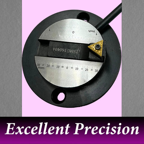 Ball turning attachment for lathe; circular black base with silver protractor scale and carbide insert holder