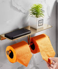Double Roll Toilet Paper Holder With Shelf In Solid Brass And Polished Gold Finish, Hotel Style Tissue Dispenser Built For Real Bathrooms