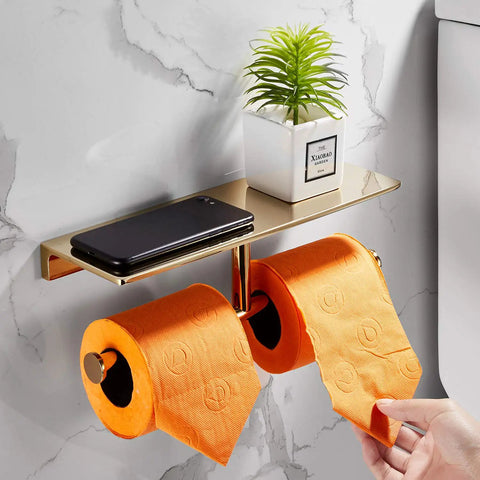 Double Roll Toilet Paper Holder With Shelf In Solid Brass And Polished Gold Finish, Hotel Style Tissue Dispenser Built For Real Bathrooms