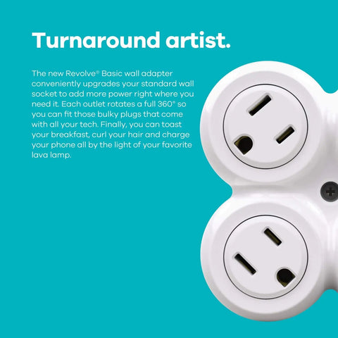 Close-up of Revolve Basic Four Outlet Rotating Adapter for Wall Outlet with 360 Degree Swivel No Wiring Needed Compact Travel Ready Multi Outlet in White For Home And On The Go with two visible outlets.