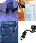Shirts, jeans, and a belt with components from 400 Piece Leather Fasteners Kit With Rivets, Eyelets, Grommets, Snaps And Binding Screws