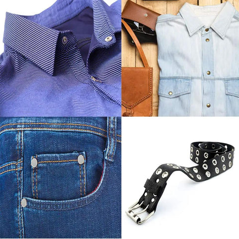 Shirts, jeans, and a belt with components from 400 Piece Leather Fasteners Kit With Rivets, Eyelets, Grommets, Snaps And Binding Screws