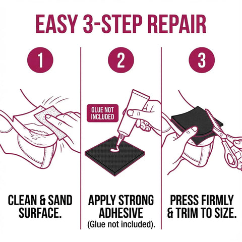 Easy 3-step repair for Six Piece Square Heel Repair Pads One Quarter Inch Thick Non Slip Rubber Soles For Boots And Shoes.
