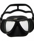 Low Volume Dive Mask For Free Diving Spearfishing And Scuba With Tempered Glass Lenses For Crystal Clear Vision, Adjustable Silicone Strap, Narrow Face Fit, Four And Three Quarters Inch Silicone Skirt, Black, front view with tempered glass focus.