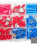 Awesome 200 Piece Assorted Crimp Terminals Kit With Ring And Spade Connectors Plus Male Female Piggy Back Wire Ends For Heavy Duty Electrical Jobs And Auto Repairs You Gotta Have These Bad Boys To Fix Any Messy Wiring Job Fast.. assorted red and blue crimp terminals in plastic organizer