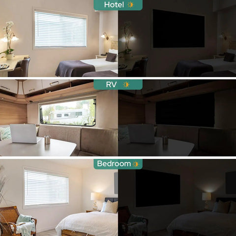 Travel Blackout Curtain That Blocks Out One Hundred Percent Sun And UV Rays No Drill Window Cover With Stickers And Suction Cups Portable Light Blocking Shades For Bedroom Nursery Dorm RV 50 By 78 Inches installed in various settings.