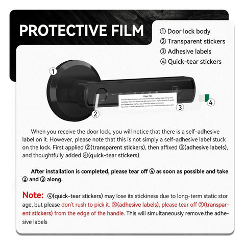 Protective film instructions for No Sweat Smart Keyless Entry Lock, showing label removal steps and lock features.