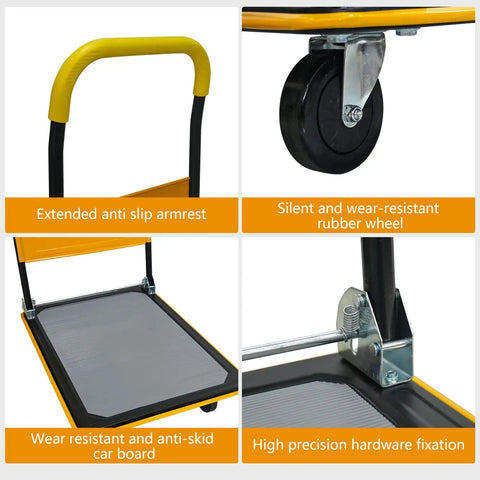 Beefy Heavy Duty Flatbed Cart With 660lbs Load Capacity Foldable Platform Hand Truck 360 Degree Swivel Wheels Quiet TPR Wheels close-up