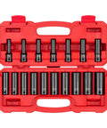 Half Inch Drive Deep 12 Point Impact Socket Set With Case, 17 Piece, Metric Range 8 To 24 Mm, organized in a red carrying case.
