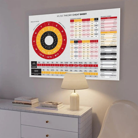 Music Theory Cheat Sheet With Circle Of Fifths And Chord Building Table Wall Art Dope Canvas Print in living room.