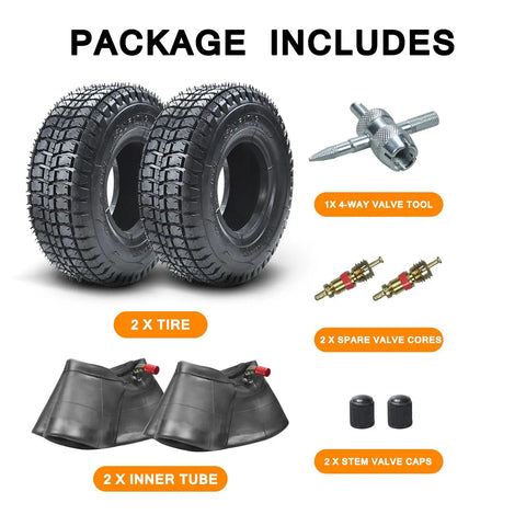 9x3.50-4 Tire With Inner Tube Replacement Pack For 49cc Stand Up Gas Scooters, 2 tires, 2 inner tubes, valve tool, caps, cores