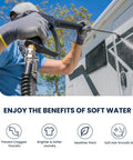 Person using Portable RV Water Softener 16,000 Grain with Stainless Steel Tank Built Tough and Garden Hose Quick Connects for RV