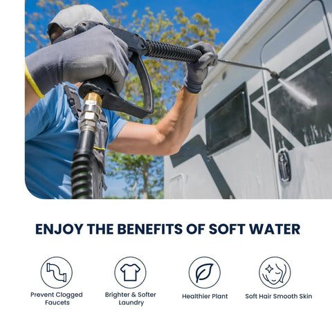 Person using Portable RV Water Softener 16,000 Grain with Stainless Steel Tank Built Tough and Garden Hose Quick Connects for RV