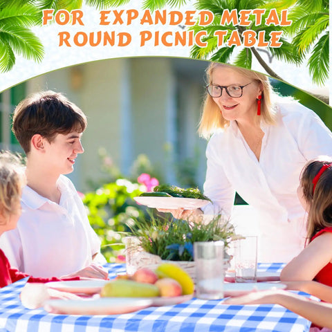 Family dining on Three Piece Picnic Table Cover Set with Fitted Tablecloth, blue white checkered pattern for outdoor use