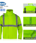Hi Vis Reflective Rain Jacket And Pants Set For Men Waterproof Class 3 with detachable hood, zippered seams, and 300D Oxford shell