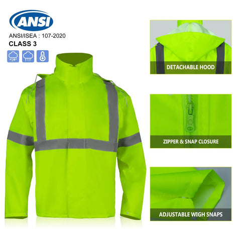 Hi Vis Reflective Rain Jacket And Pants Set For Men Waterproof Class 3 with detachable hood, zippered seams, and 300D Oxford shell