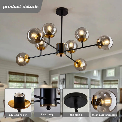 Eight Light Mid Century Glass Globe Chandelier For Kitchen Dining Room Living Room Bedroom Farmhouse Gold Finish Lit Showpiece Lighting Elegant Statement Piece For Any Modern Kitchen Or Dining Area with clear glass lampshades in an interior setting