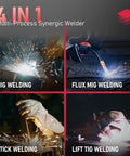 4 In 1 Multi-Process Welder showcasing MIG, Flux MIG, Stick, and Lift TIG welding functions in action