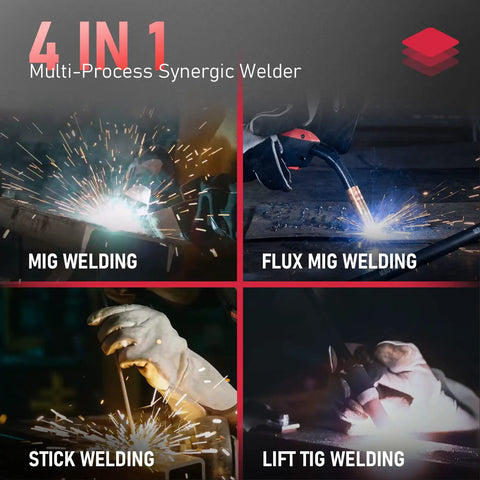4 In 1 Multi-Process Welder showcasing MIG, Flux MIG, Stick, and Lift TIG welding functions in action