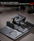 The Real Deal 5 Piece Espresso Tamping Station Kit With Spring Loaded Tamper Weighted Coffee Distributor WDT Needle Tool And Cleaning Brush Pro Barista Storage Base Universal Fit, stainless steel and silicone organizer.