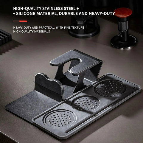 The Real Deal 5 Piece Espresso Tamping Station Kit With Spring Loaded Tamper Weighted Coffee Distributor WDT Needle Tool And Cleaning Brush Pro Barista Storage Base Universal Fit, stainless steel and silicone organizer.