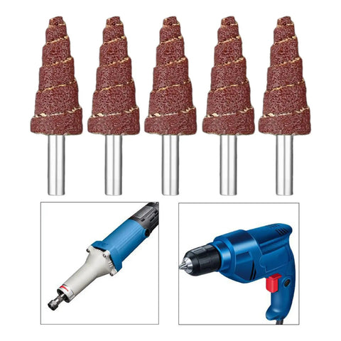 Premium 5 Pcs Cone Shaped Sanding Flap Wheels With 3mm And 6mm Shank, suitable for grinding metal, wood, and plastic.
