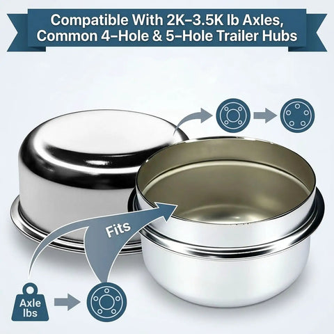Double Pack 1.98 Inch Trailer Hub Dust Caps With Wheel Bearing Grease Covers Road Warrior Grade, showing inner and outer caps.