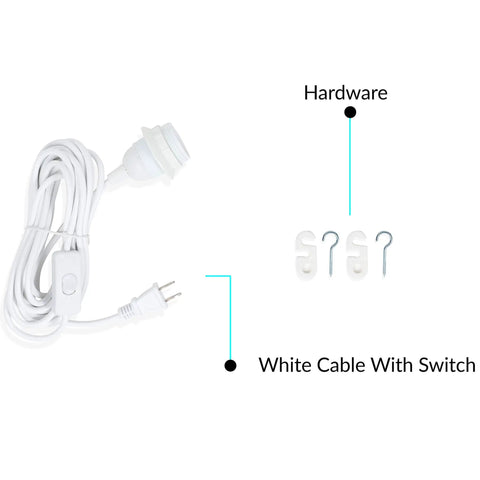 15 Foot Hanging Lantern Cord With On Off Switch For Pendant Lights White E26 Socket Set shown with hardware