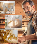 Woodworker in workshop with images of completed wooden furniture and stairs highlighting joinery skills