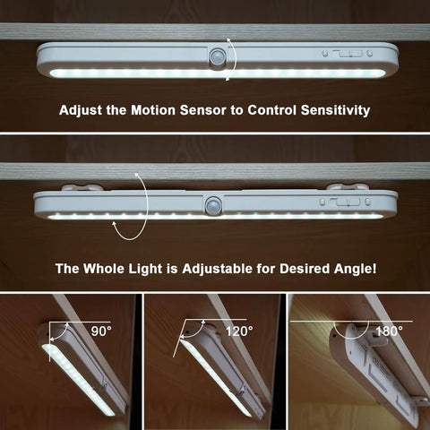 T01L 20 LED Wireless Motion Sensor Closet Light showing adjustable angles and motion sensor controls.