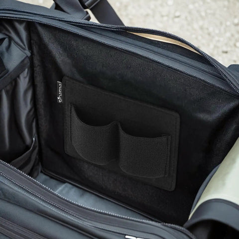 Close-up of Dual Insert Pouch Elastic Holster Set in backpack, showcasing modular two clip tactical panel for quick access gear.